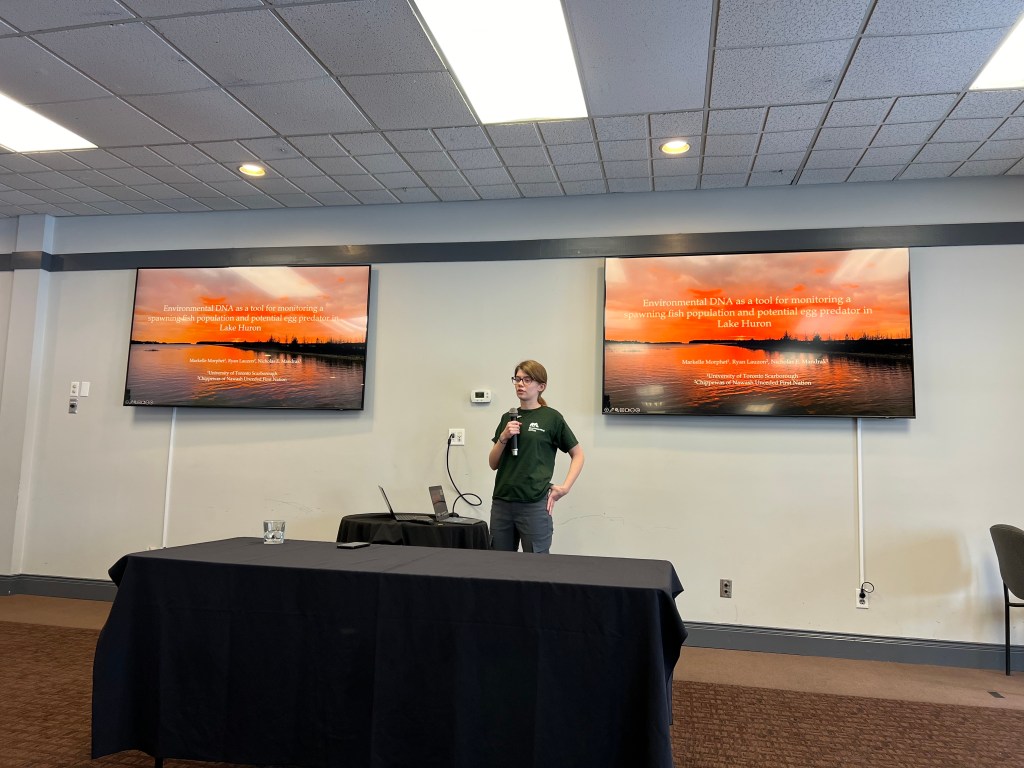 Markelle Morphet (PhD candidate) presents her research at the American Fisheries Society (Ontario Chapter) meeting in January, 2024.